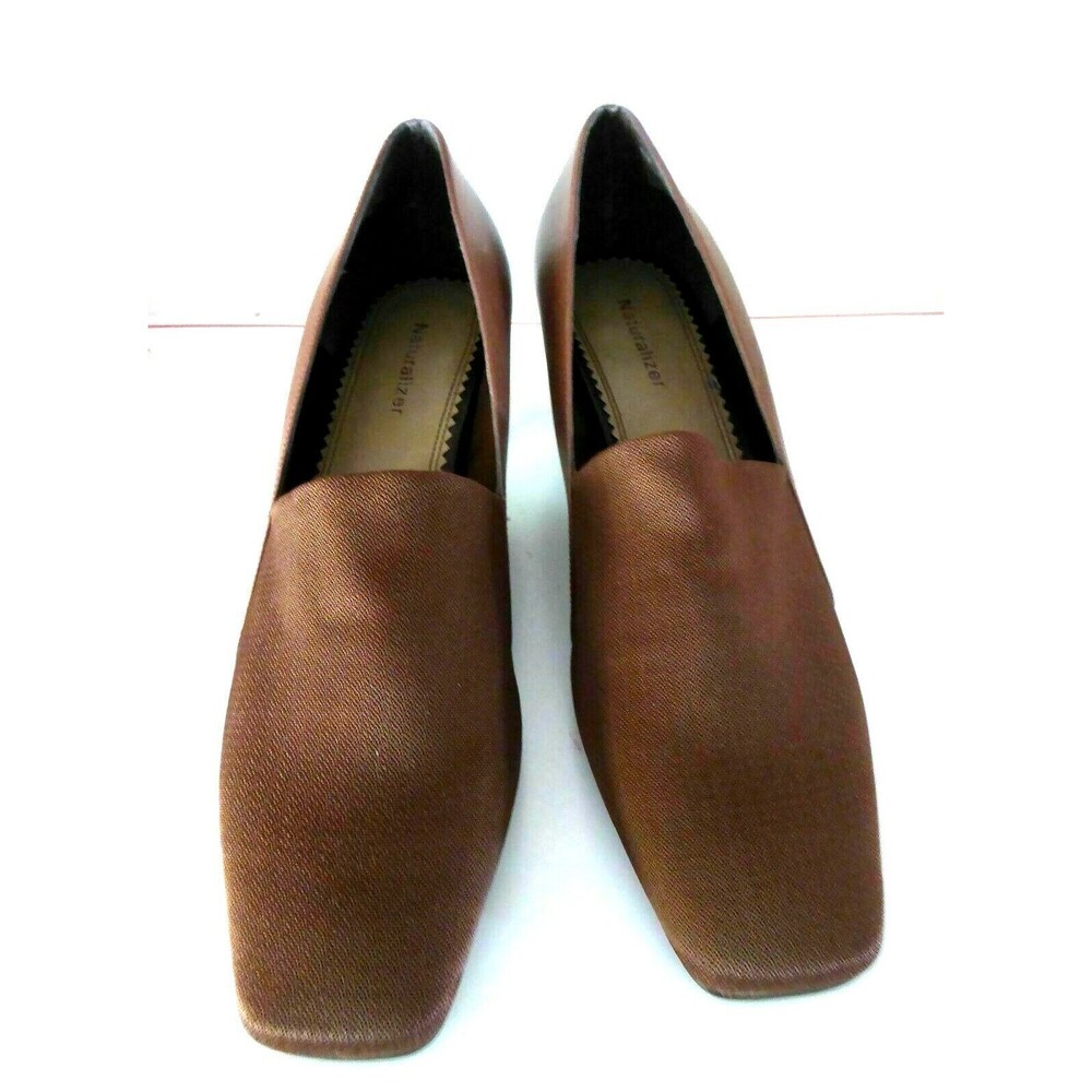 Naturalizer Women Brown Leather Fabric Heels Shoes Sz 7.5M Square Toe New